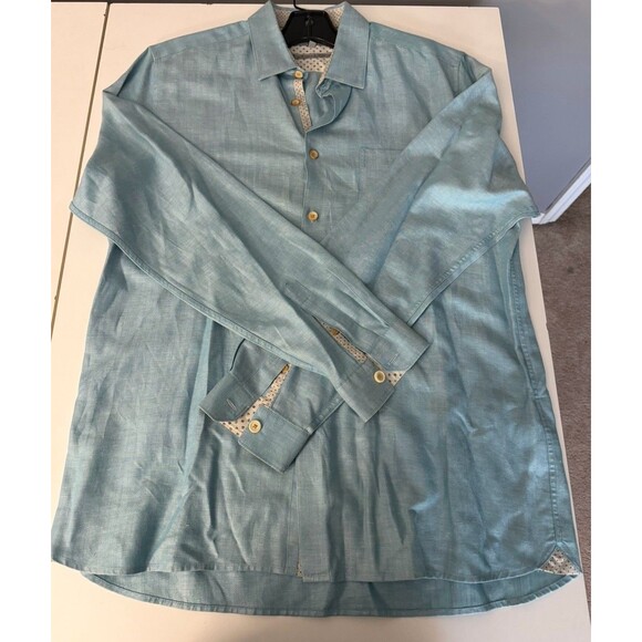 Ted Baker Mens Size 5 (LG) Blue Linen Cotton Button Up Long Sleeve Dress Shirt - Picture 7 of 9